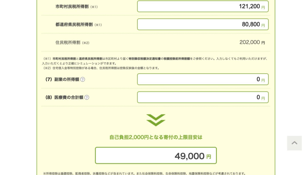 さとふるの計算結果。今回の入力で寄付上限の目安49,000円