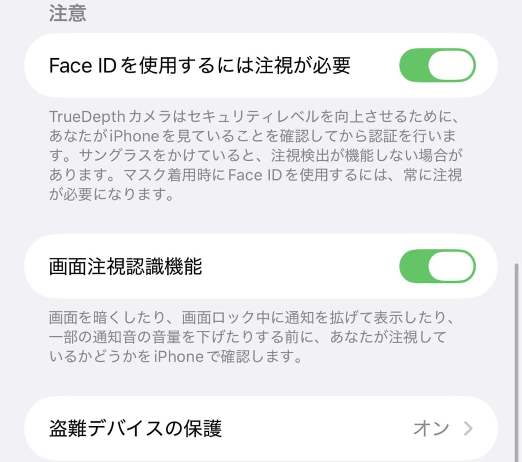 iPhoneの盗難デバイスの保護がオンの画面