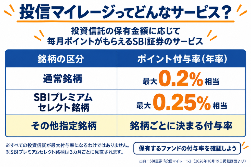 投信マイレージの付与率の区分。通常銘柄は最大0.2%相当、SBIプレミアムセレクト銘柄は最大0.25%相当、その他指定銘柄は銘柄ごとに決まる付与率